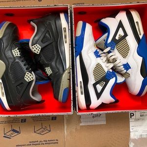 White/blue/black Jordan 4s & Black/blue Jordan 4’s